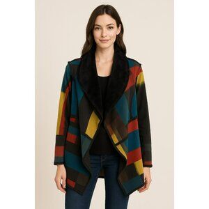 Adore Multicolor Patchwork Open Front Jacket With Faux Fur Trim Medium Polyester